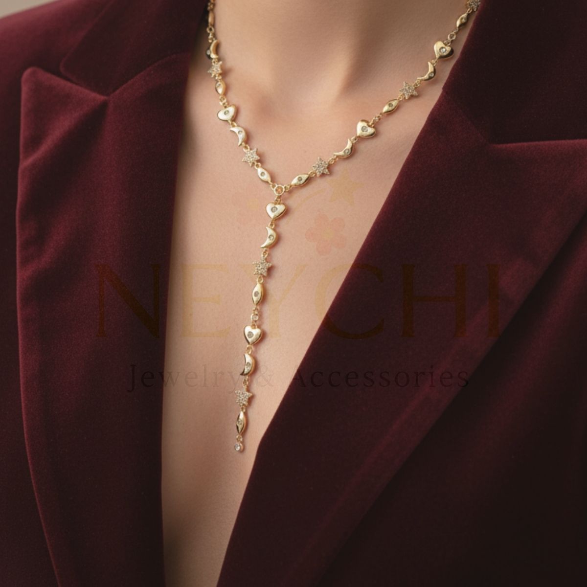 Ay-Yıldız & Kalp Detaylı Y Kolye