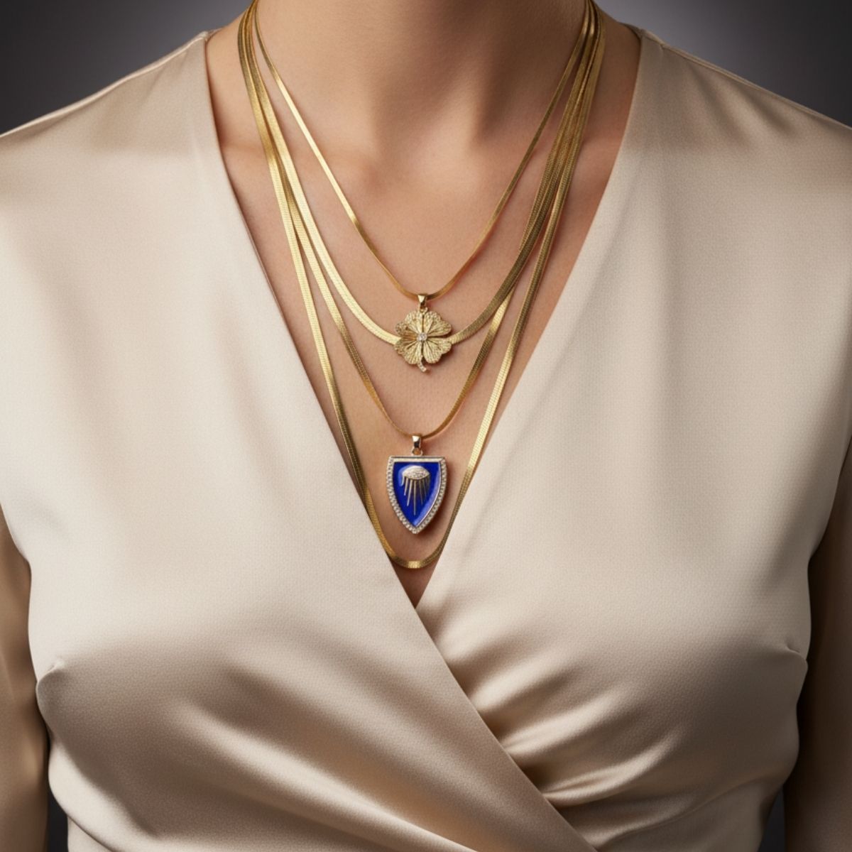 Madalya ve Yonca Detaylı Çoklu Kolye